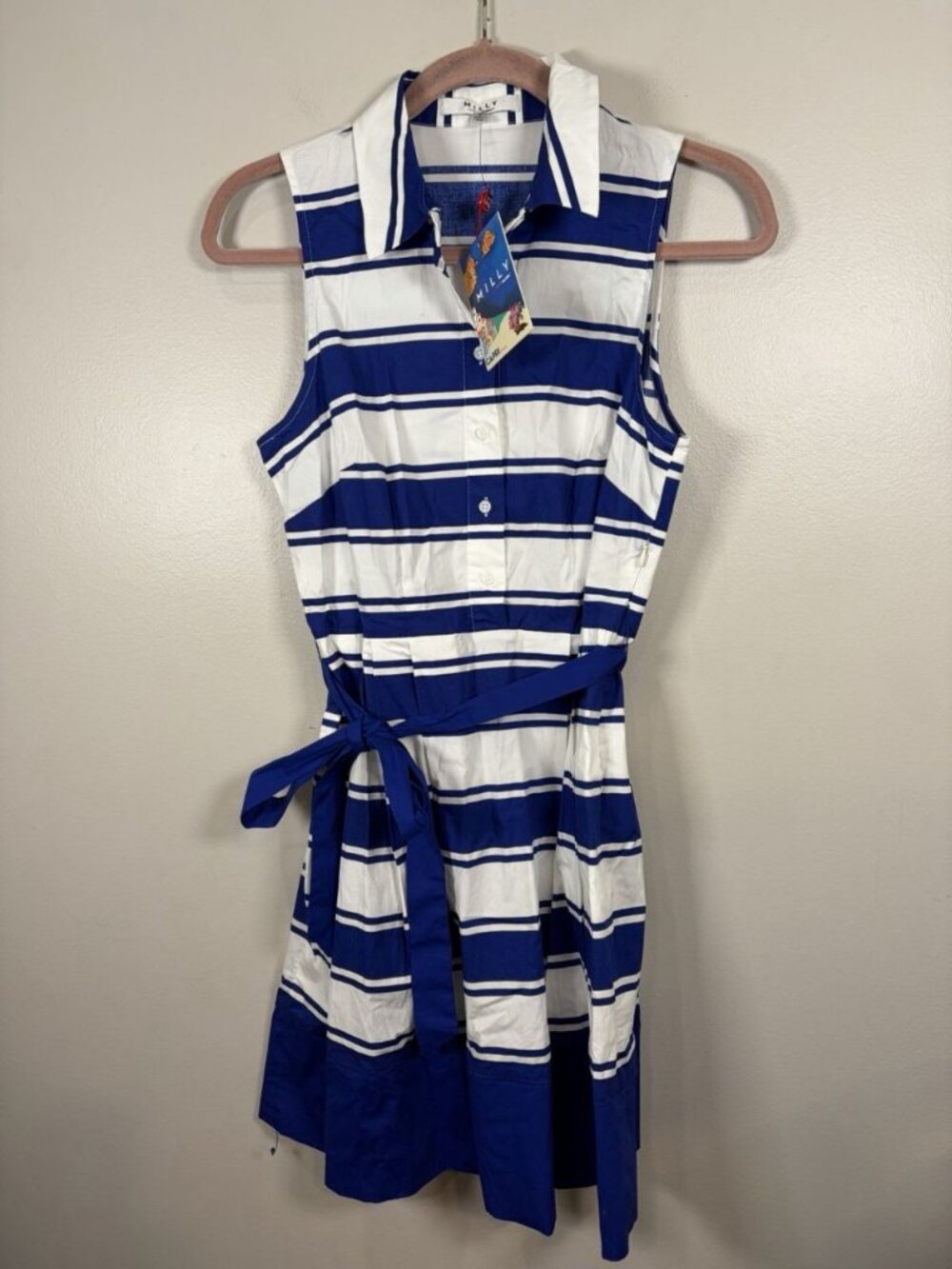 Milly Dress White Navy Stripes Size 4 Sleeveless Belt Button Front Pockets NWT